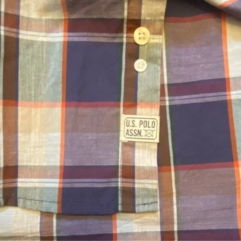 US Polo Assn Mens Medium Button Down Shirt Purple Plaid Collared Button Up Horse